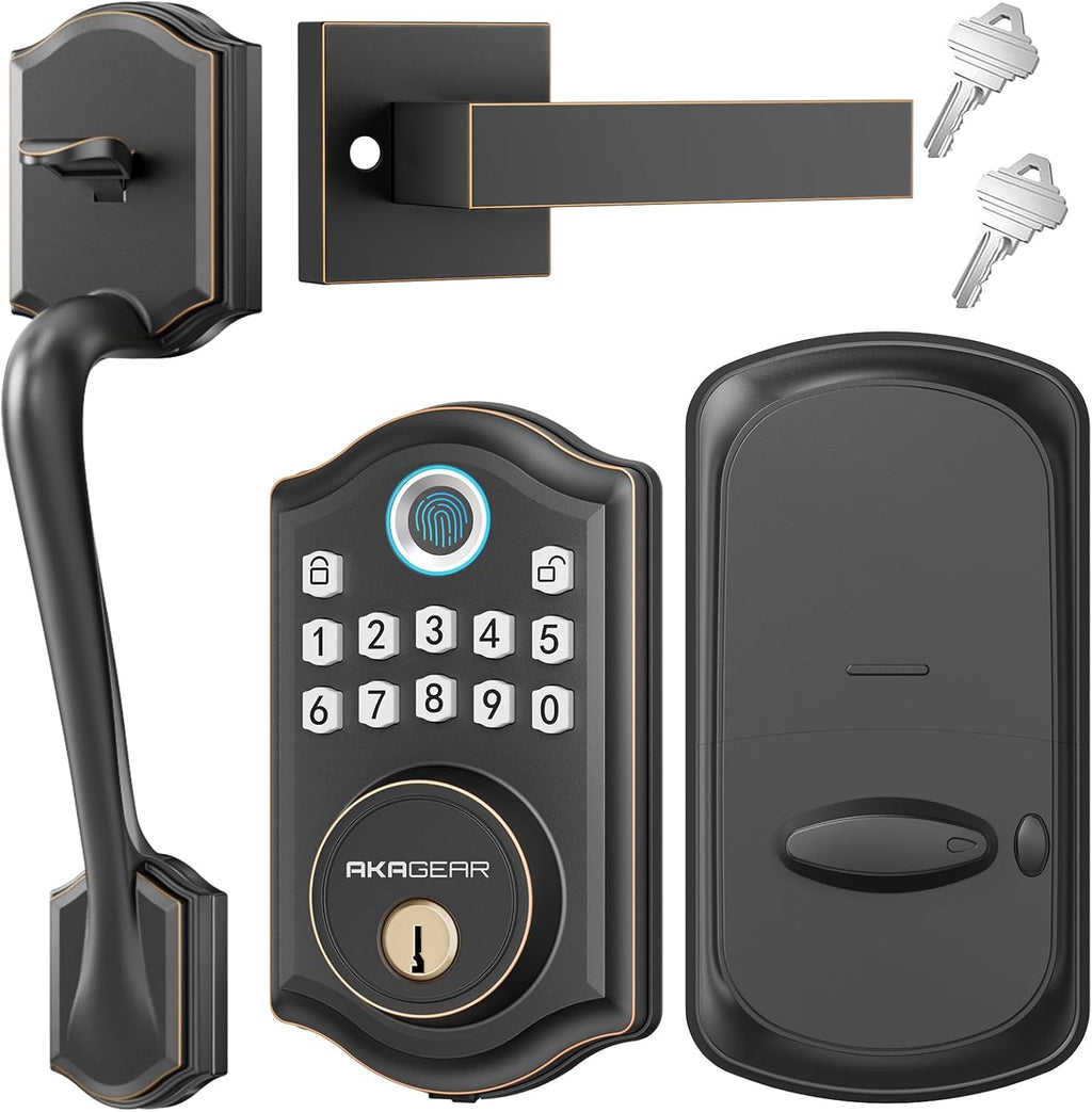 DS10 Keyless Entry Door Lock with Handle Set - Fingerprint Deadbolt, Electronic Keypad Deadbolt, Smart Locks for Front Door, Auto-Lock & One Touch Locking - Oil Rubbed Bronze