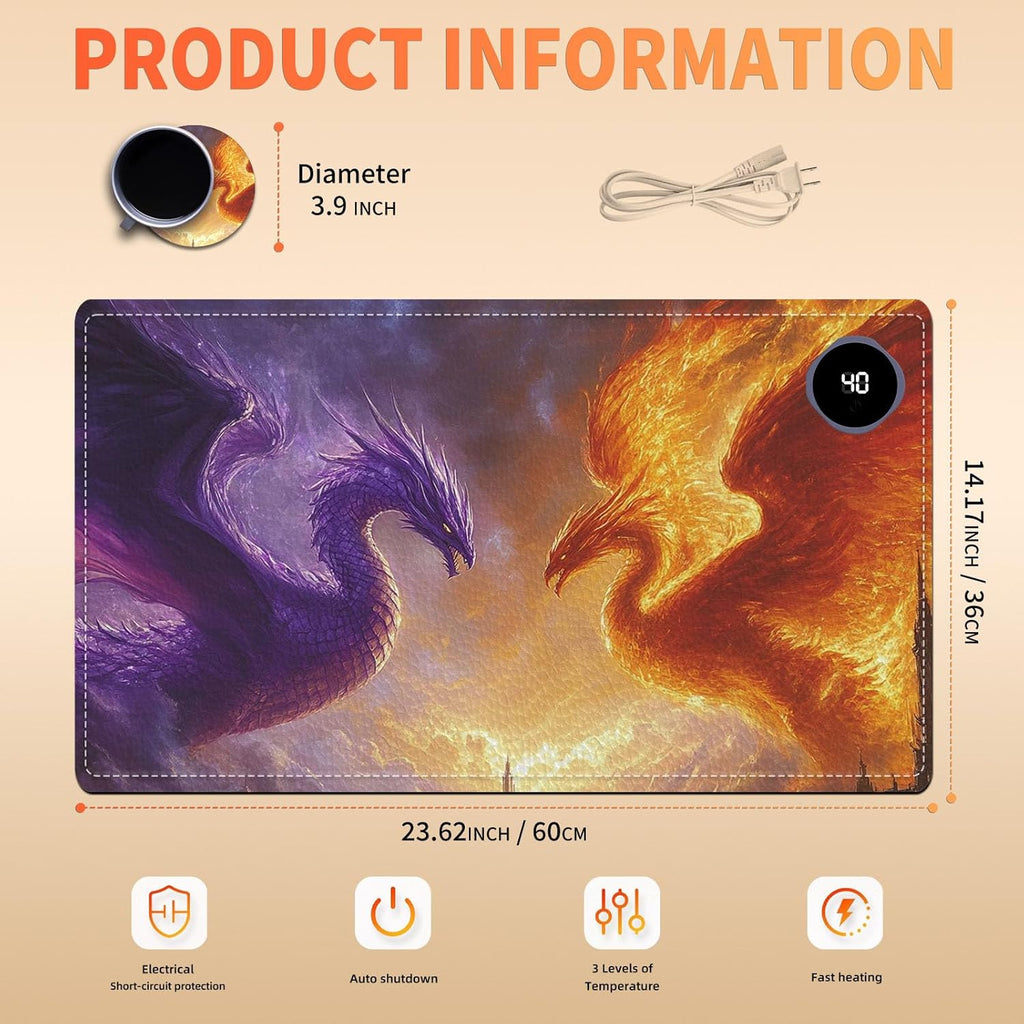 Heated Mouse Pad 23.6 x 14 in 3-Temp Fast Heating Desk Mat with Auto Timer Warmer for Hands Wrist Pain Relief Waterproof Keyboard Mat for Office, Gaming, Home, Dragon Battle Art