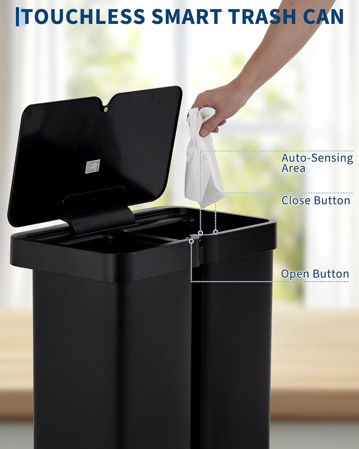 15.8 Gallon Touchless Stainless Steel Dual Compartment Trash Can - Automatic Motion Sensor Recycling Bin with Separated Baskets for Kitchen, Black & Brushed Finish