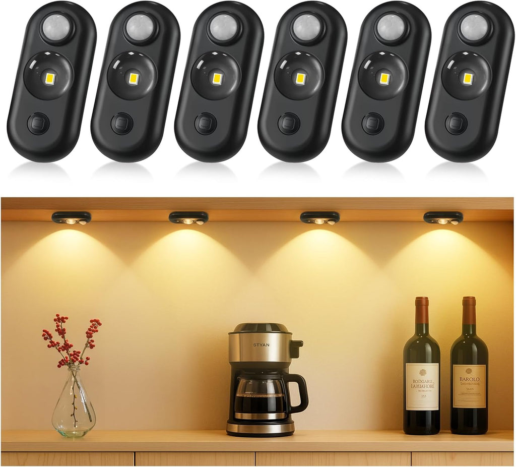 LED Motion Sensor Puck Lights, Small Rechargeable Under Cabinet Light, Dimmable Warm White Closet Lights, Wireless Under Cabinet Lighting for Drawer, Kitchen (6 Pack)