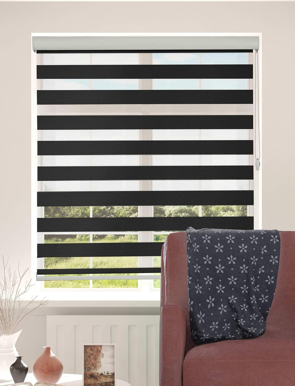 Shadesu Custom Size Zebra Blinds for Windows, 47" W x 72 H, Black, Dual Layer Free-Stop Zebra Shades, Light Control for Day and Night, Sheer Blinds for Indoor Windows, Bedroom, Kitchen