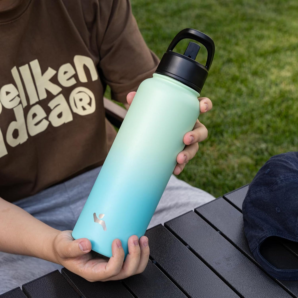 Insulated Water Bottle 24oz Stainless Steel Sport Bottles with 3 Lids,Mint