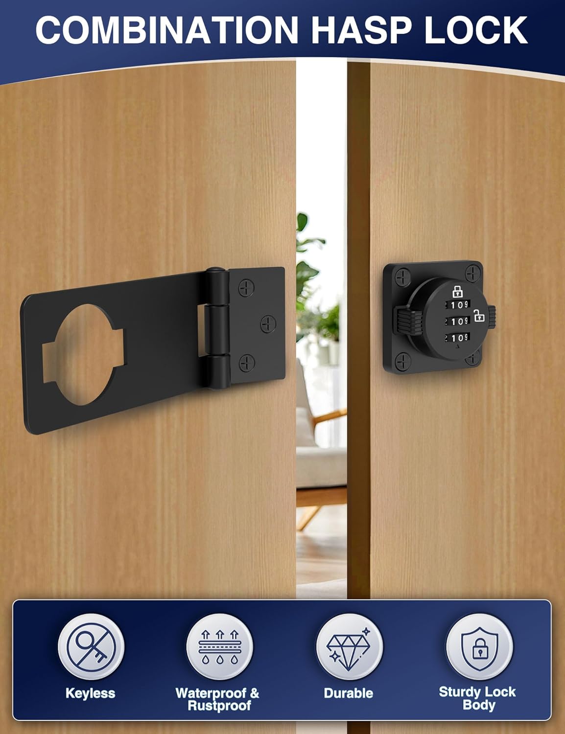 Keyless Cabinet Combination Lock, 3-Digit Password Twist Knob Hasp Latch for Doors, Cabinets, Drawers, Barn Door, Bathroom, Outdoor, Closet, Fence, Durable Zinc Alloy, (Black, 1 Pack)