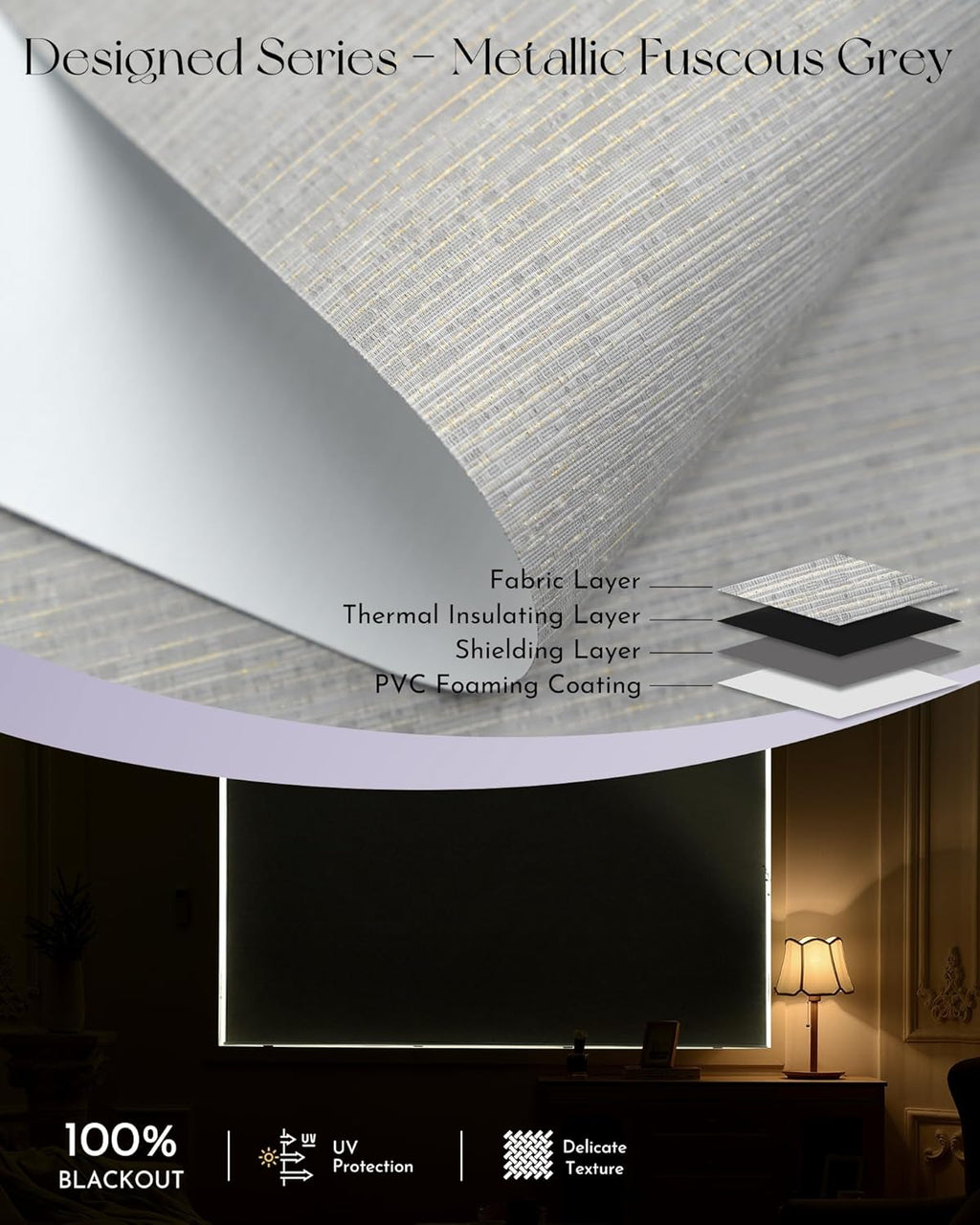 Graywind Smart Blackout Roller Shades Compatible with Alexa Google Textured Fabric Rechargeable Motorized Blinds Cordless Remote Control Window Shades, Custom Size (Metallic Fuscous Grey)