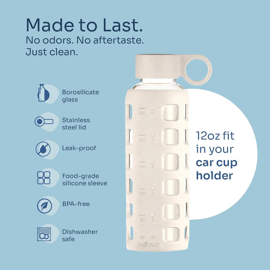 purifyou 40oz / 32oz / 22oz / 12oz Borosilicate Glass Water Bottle with Time & Volume Markers, Silicone Sleeve, Stainless Steel Lid | Reusable Glass Bottle for Water & Juice (12oz Pearled Ivory)