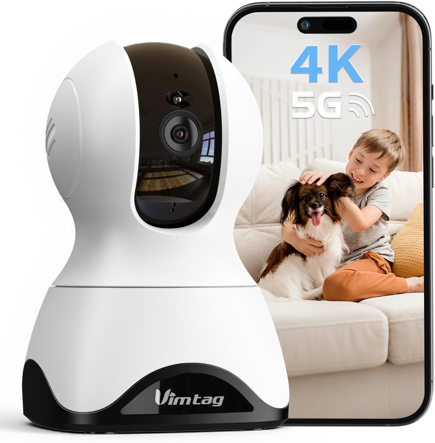 VIMTAG Security Camera Indoor, 4K UHD Pet Camera with Phone App for Dog/Cat, 360° Pan/Tilt Cameras for Home/Nanny/Baby/Room, Night Vision, Motion Tracking, 5G/2.4GHz WiFi, 2-Way Audio, Cloud & SD Card