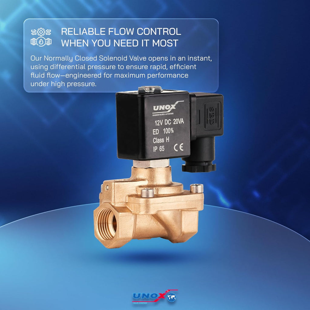 UNOX 3/8" NPT Solenoid Valve 12V DC, Brass Control Valve Normally Closed - 7-232 PSI Multi-Purpose Reliable Control Valve for Water, Air, and Gas - Solenoid Valves