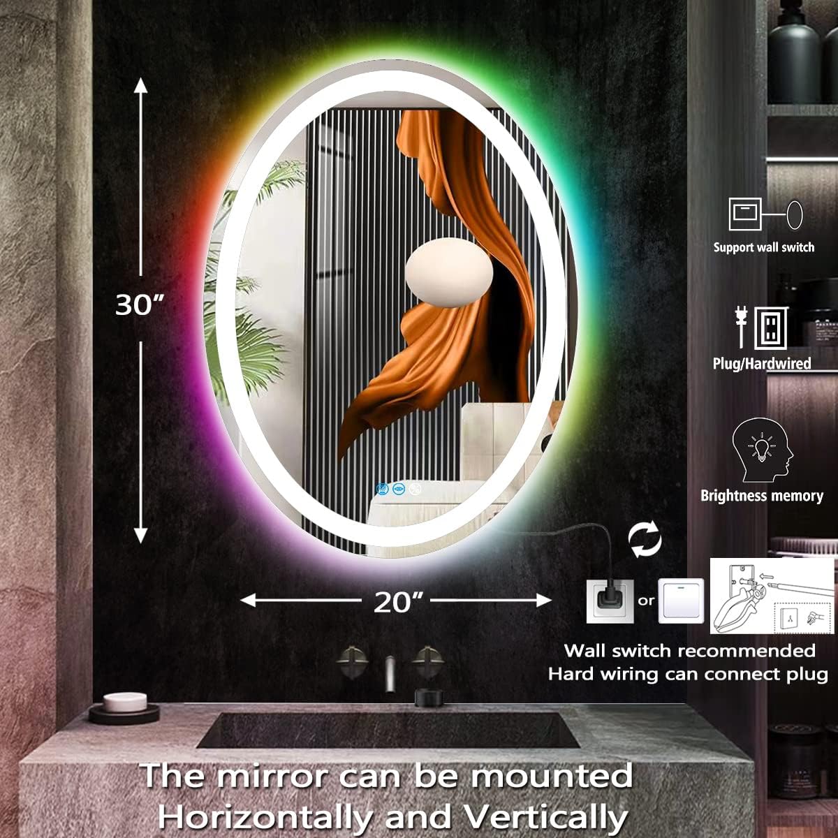 THEKLA 20 x 30 Inch LED Oval Mirror with 3 Color Front Lights + RGB Rainbow Color Changing Backlit Oval Lighted Vanity Mirror for Bathroom Wall Dimmable AntiFog 30in Ovals Smart Light up Mirrors
