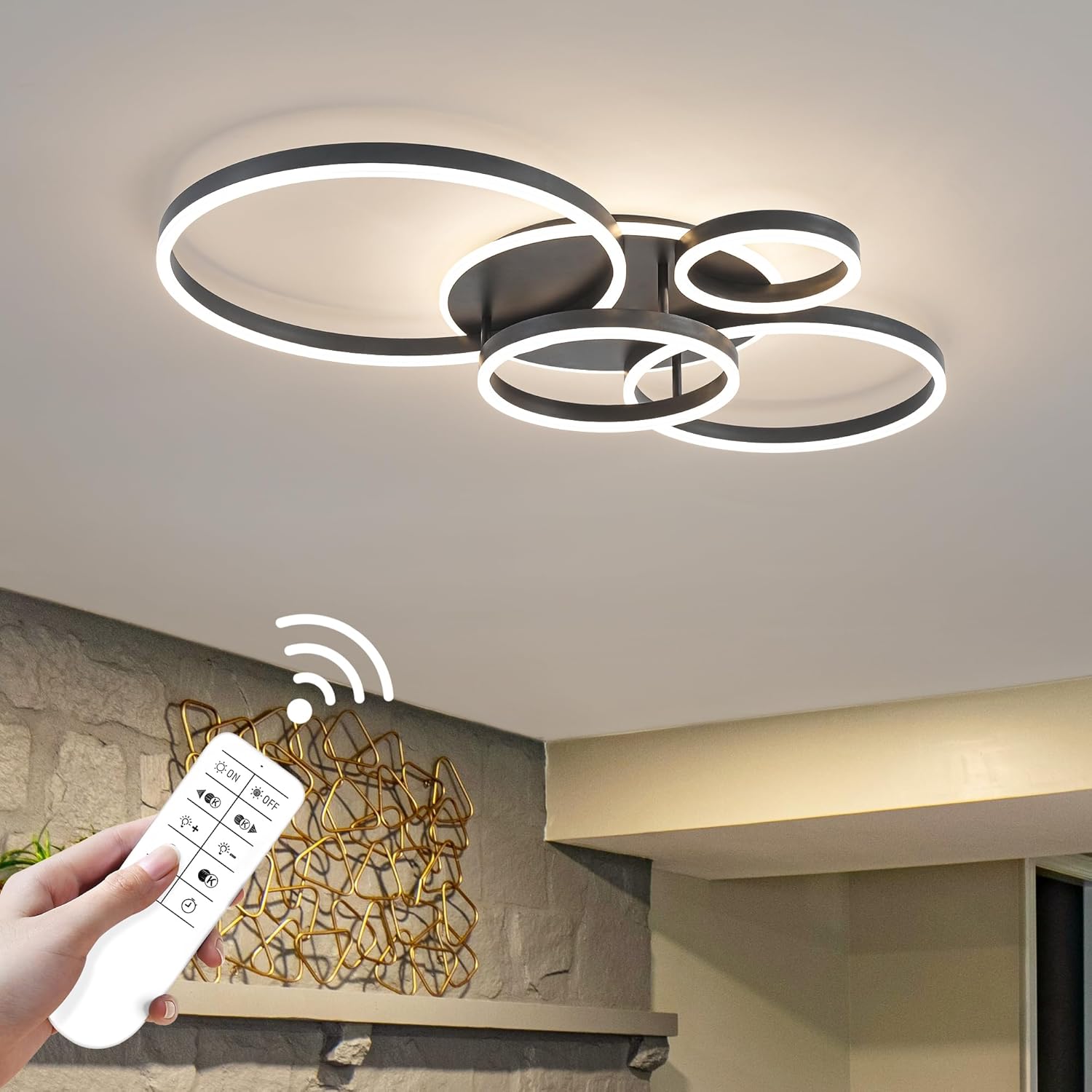 O'NEELDY Flush Mount Modern Ceiling Light Black Led Modern Light Fixtures Ceiling Mount Lights 4 Rings Led Chandelier Lamp Fixture with Remote for Living Room Kitchen Dining Room Bedroom