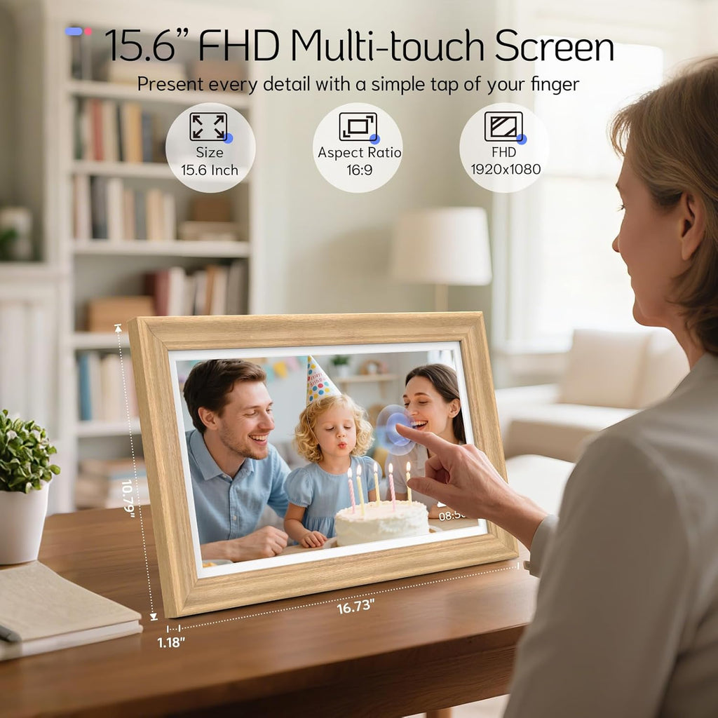 NexFoto 15.6'' Touchscreen Digital Picture Frame, 64GB Wood Electronic Picture Frame, FHD WiFi Digital Photo Frame, Add Photos from Google Photos, Share Videos, for Mom, Christmas/Birthday, Wood