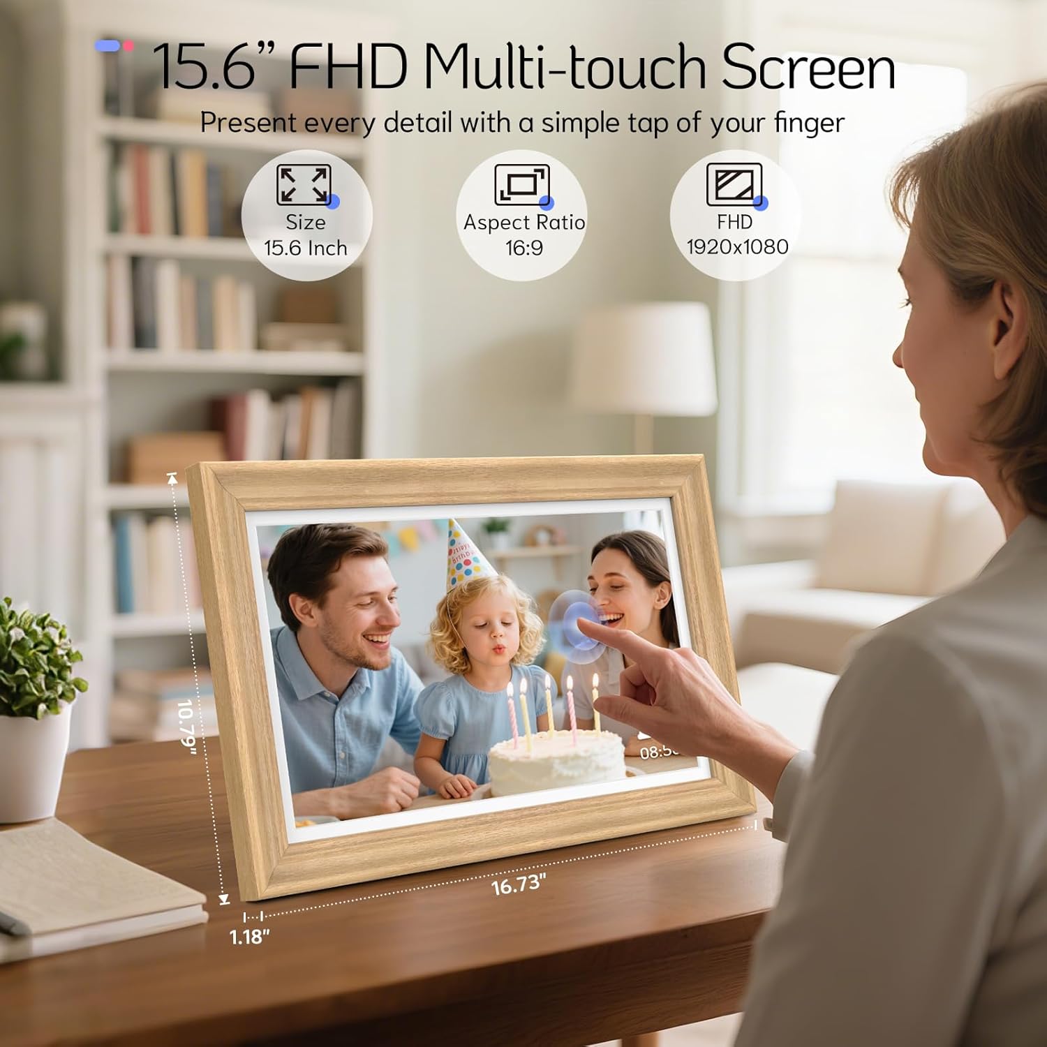 NexFoto 15.6'' Touchscreen Digital Picture Frame, 64GB Wood Electronic Picture Frame, FHD WiFi Digital Photo Frame, Add Photos from Google Photos, Share Videos, for Mom, Christmas/Birthday, Wood
