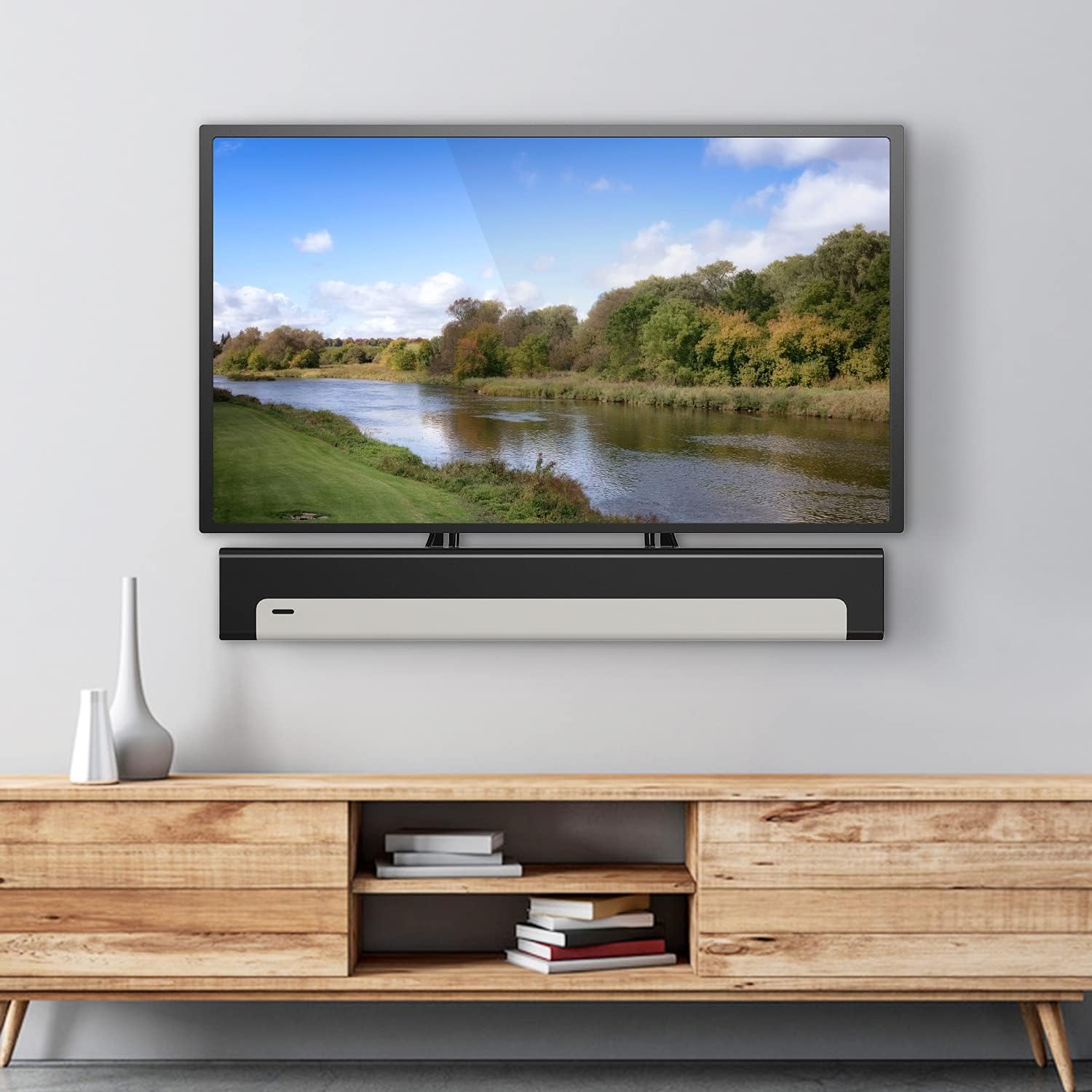 WALI Sound Bar Mount Bracket for Mounting Above or Under TV, Fits 32 to 70 inch TVs, 33 lbs. Weight Capacity (SBR201), Black
