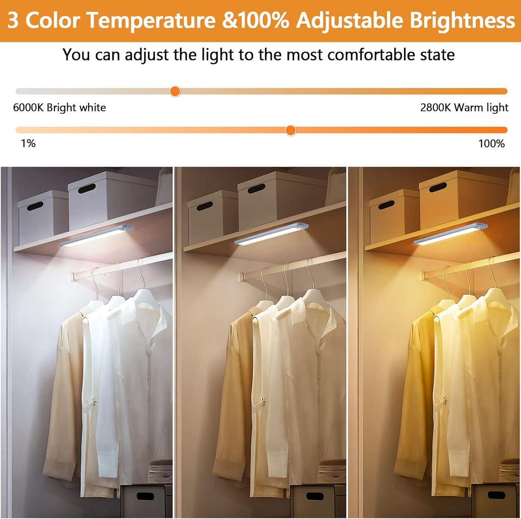 Under Cabinet Lights, Dimmable 60 LED Motion Sensor Light Indoor 2 Pack- Wireless USB Rechargeable, 3 Color Magnetic Closet Light for Kitchen, Wardrobe Storage