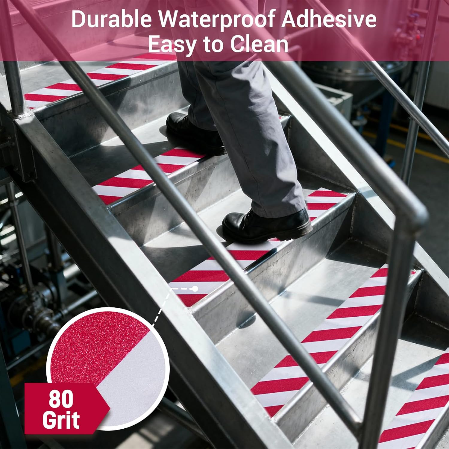 Anti Slip Tape, 4 Inch x 42 Ft Grip Tape for Stairs Outdoor/Indoor, Waterproof Non Skid Roll for Stair Treads Non Slip, High Traction Friction Abrasive Adhesive Stair Steps, Caution Red/White