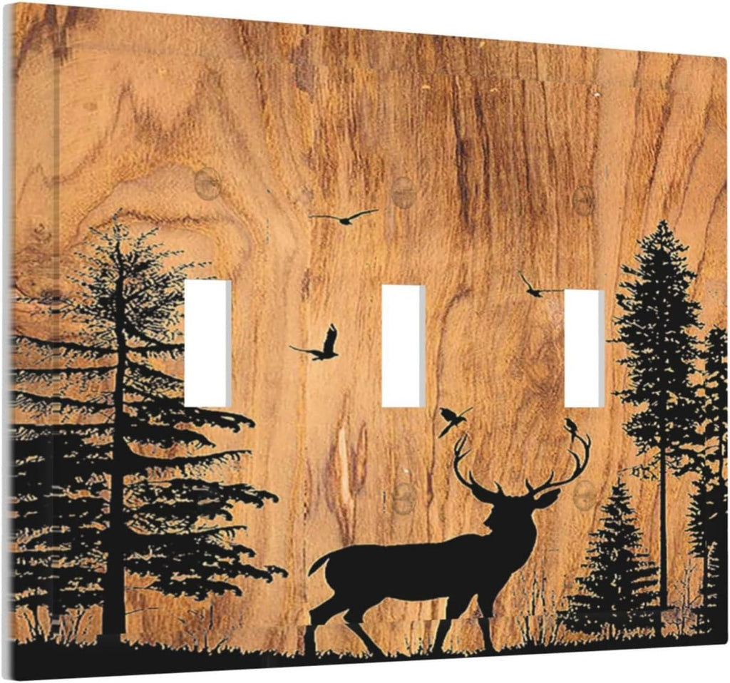 Decorative Switch Plates Rustic Farmhouse Orange Brown Pine Tree Deer Wood Grain 3 Gang Wall Plate Triple Toggle Light Switch Cover Faceplate Electrical Wall Panels for living Room Decor