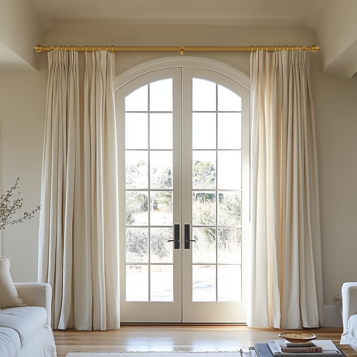 Modern Gold Curtain Rods for Windows 48 to 84 Inch 1" Diameter Adjustable Heavy Duty Brass Window Curtain Rod with Metal Finials for Living Room Bedroom Farmhouse Kitchen Outdoor