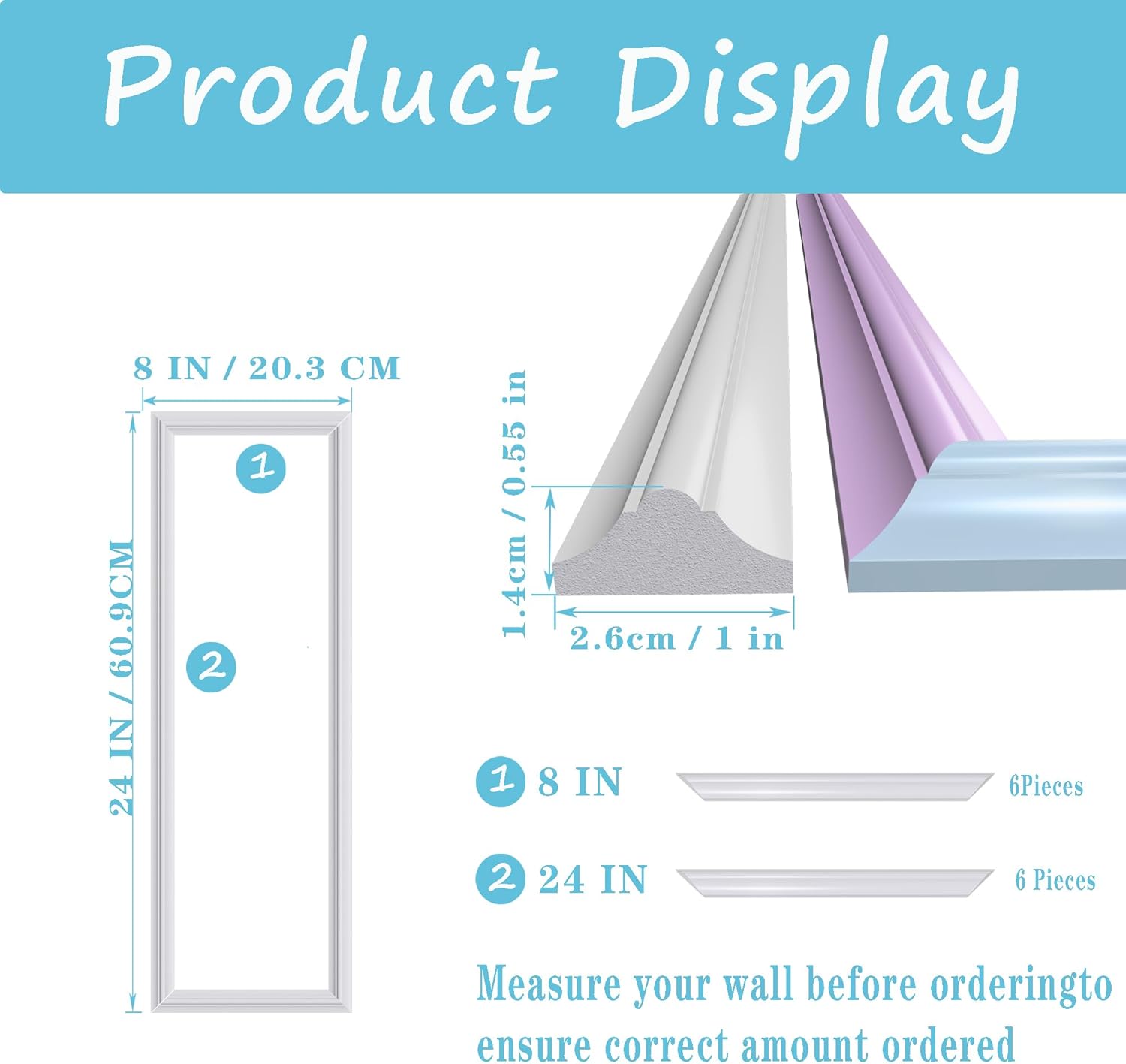 3 PCS Premade Wainscoting Panels Accent Wall Panels for Interior Wall Decor Easy DIY Build and Batten Chair Rail & Picture Frame Door Decor (8 x 24 in)
