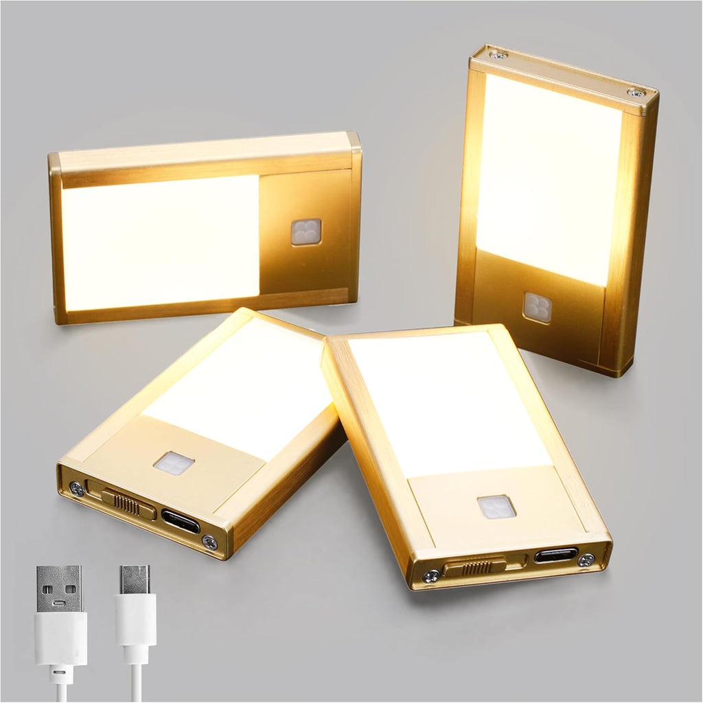 Rechargeable Motion Sensor Night Lights, 4-Pack - Brushed Gold Aluminum Alloy, Ultra-Compact Magnetic Mount, 3000K Warm White Glow, Ideal for Hallways, Bedrooms, Stairs & Nightly Use