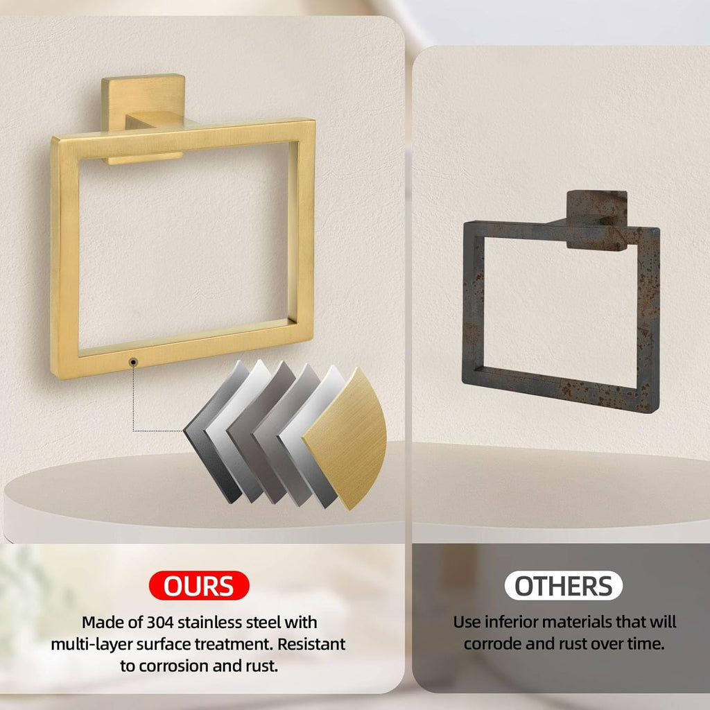 Brushed Gold Towel Ring,Square Hand Towel Holder,Towel Hanger, Bathroom Hardware Accessories,Stainless Steel Wall-Mounted Towel Rack