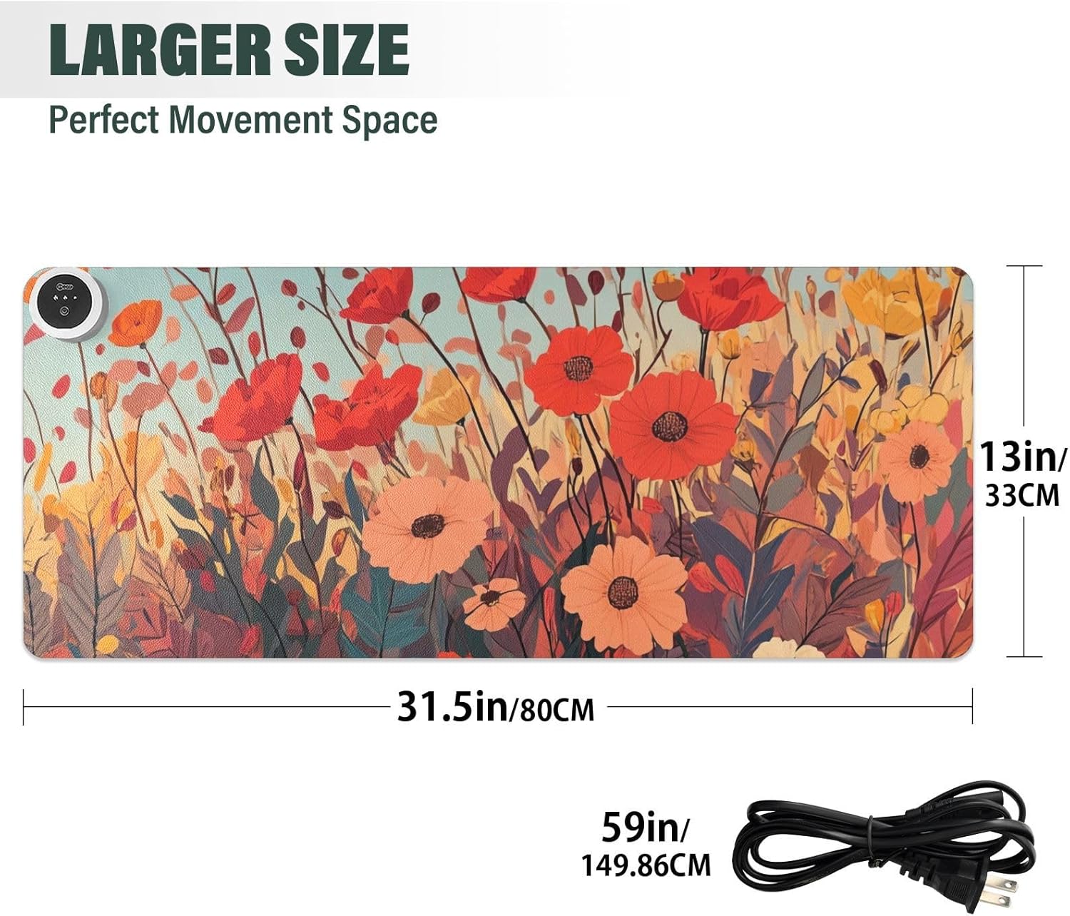 Heated Desk Pad Mouse Pad 31.5x13 Inch PU Leather Desk Mat with 3 Heat Levels Large Mouse Gaming Computer Laptop Mat Autumn Poppy Flowers