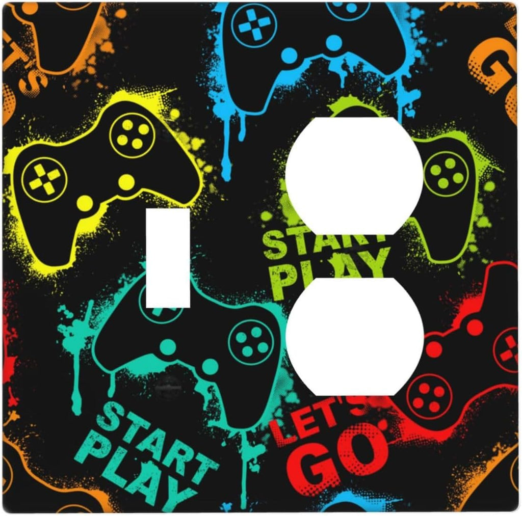 Decorative Outlet Covers Gamepad Theme Graffiti 2 Gang Wall Plate Single Toggle Duplex Light Switch Cover Switch Plate Covers Faceplate for Game Room Bedroom Home Decor
