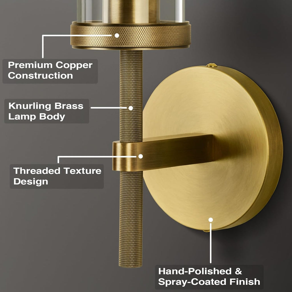Brass Wall Sconce 19.48" Handcrafted Vintage Wall Lamp with Clear Glass Tube & Knurled Detailing, Sconce Lighting for Bedroom Bathroom Hallway Staircase Entryway, Dining Room Decor Lighting Fixture