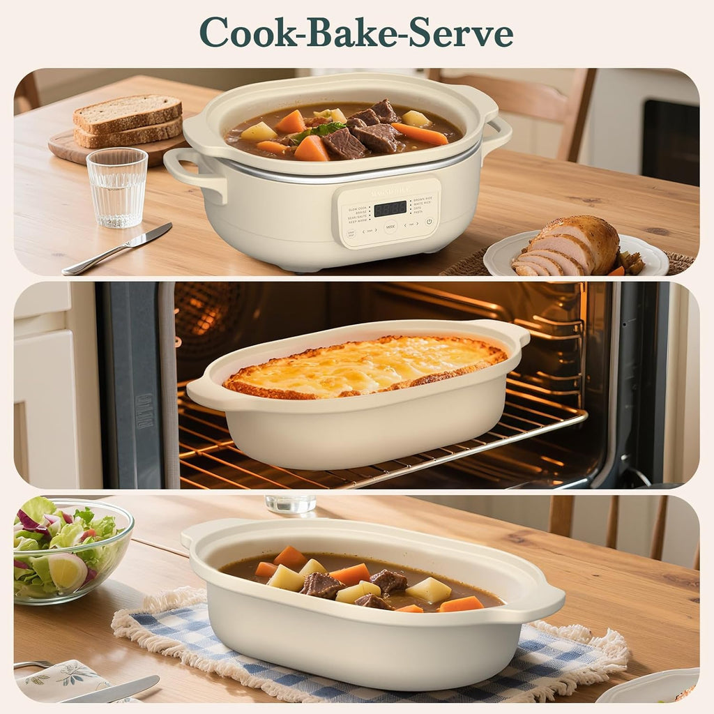 MAGNIFIQUE 4 Quart Programmable Casserole Slow Cooker, 8-in-1 Multi Cooker with Removable Non-Toxic Stoneware Crock, Claypot Slow Cooker, Rice-cooking, Nonstick, Oven Safe Pot to 450°F, Oatmeal