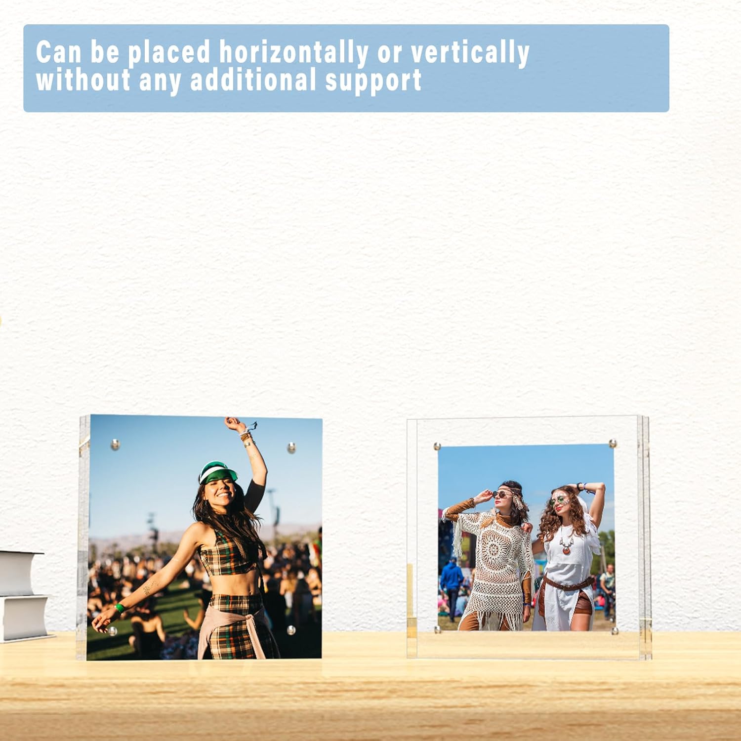 HELPLEX 5 Pack 8x8 Acrylic Picture Frames, 24mm Thicker Square Frameless Clear Frame Double Sided Magnetic Frame, Free Standing Desktop Display Stand Acrylic Frames