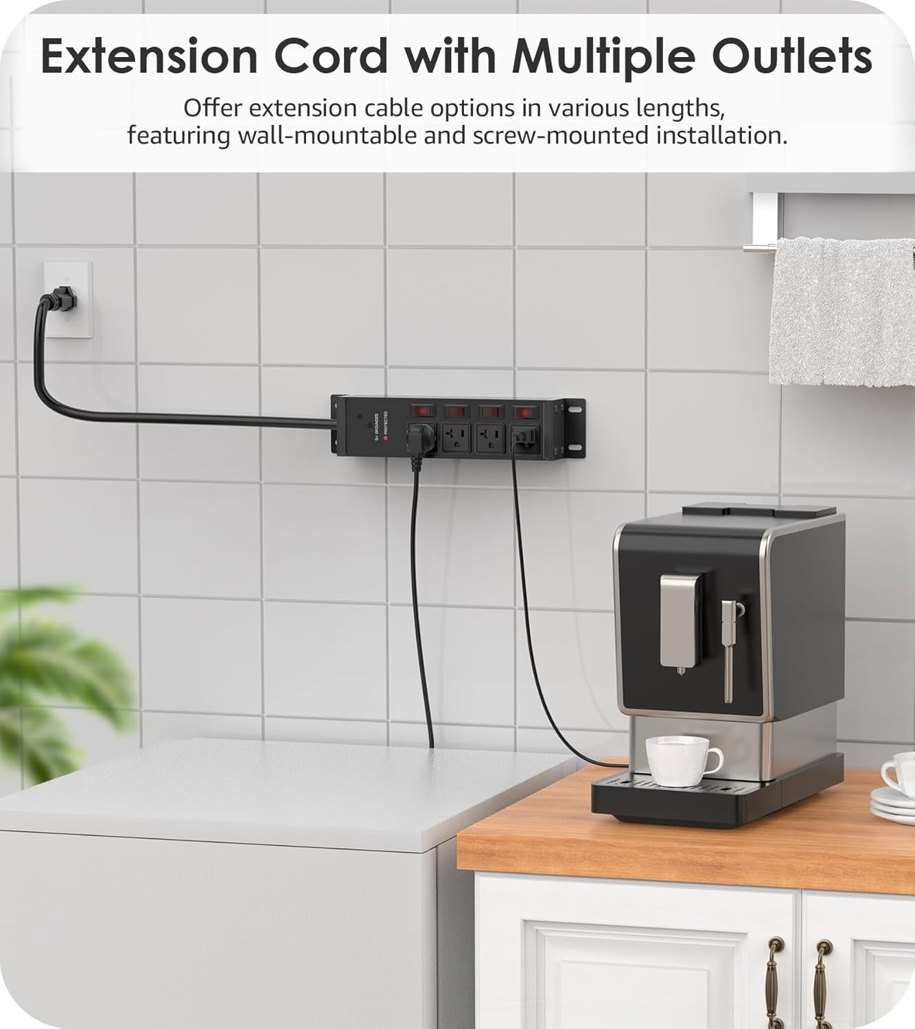 CCCEI Heavy Duty Surge Protector Power Strip 20 Amp Individual Switches. 20FT 12 Gauge Extension Cord with Multiple Outlets. Kitchen, Garage, Shop, Industrial Wall Mount Electric Extender, Black.