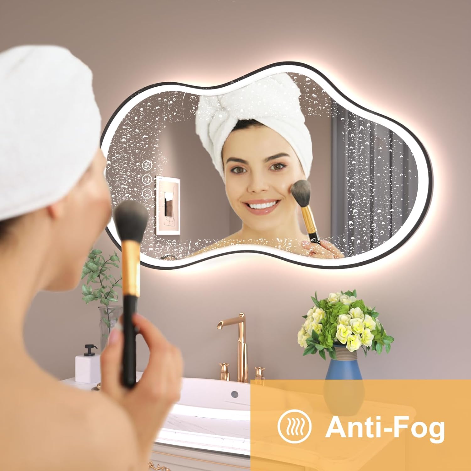 WTTY LED Irregular Bathroom Mirror 26x46 Inch with Front & Back Lights - Asymmetrical Design, Anti-Fog, Dimmable 3 Color Temperatures, Shatterproof Glass, Horizontal or Vertical Mount (Black Frame)