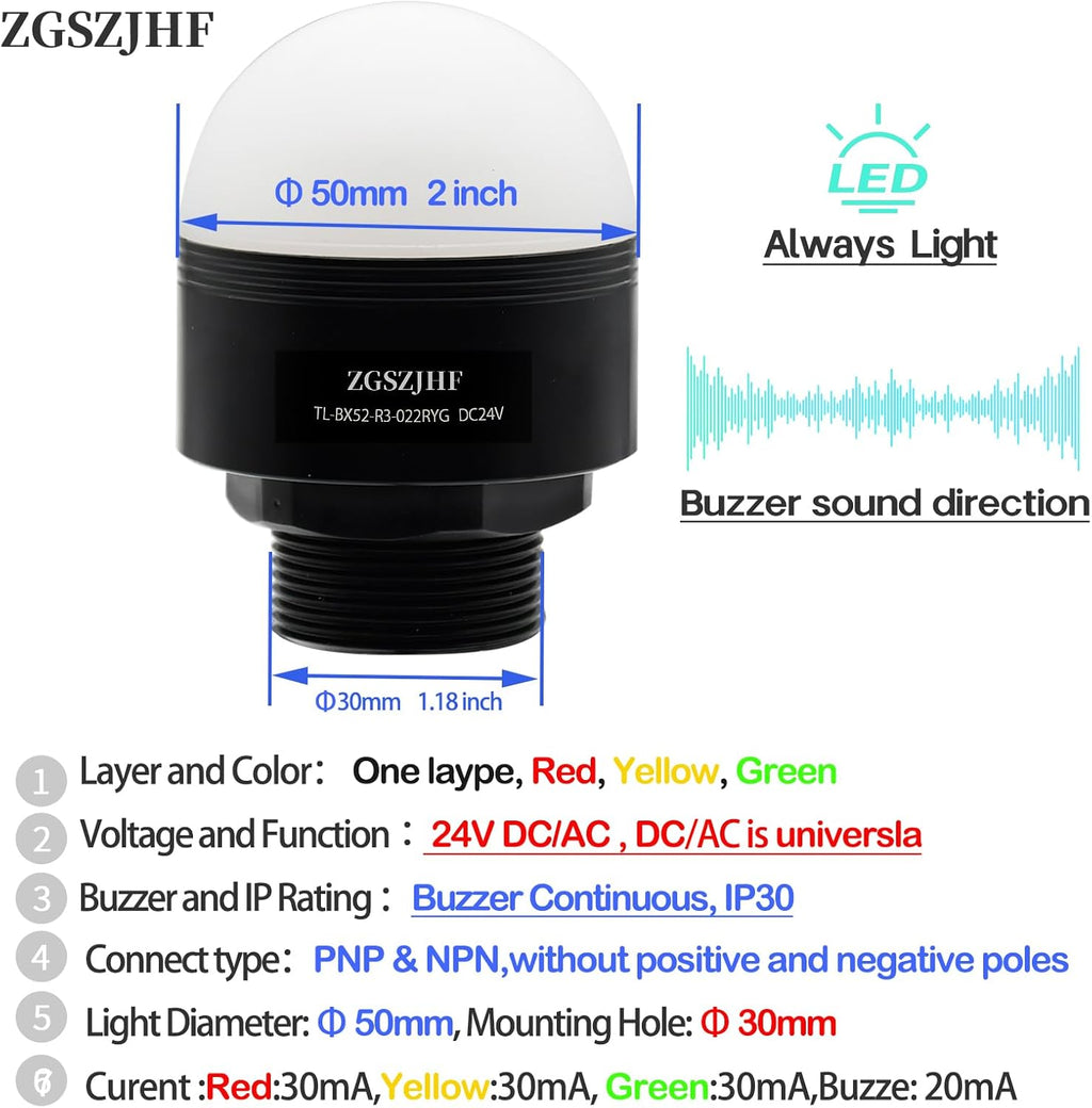 Industrial 24V DC/AC LED Warning Lights - 3 Color Column Signal Tower Indicator Lamp Beacon with Continuou Buzzer