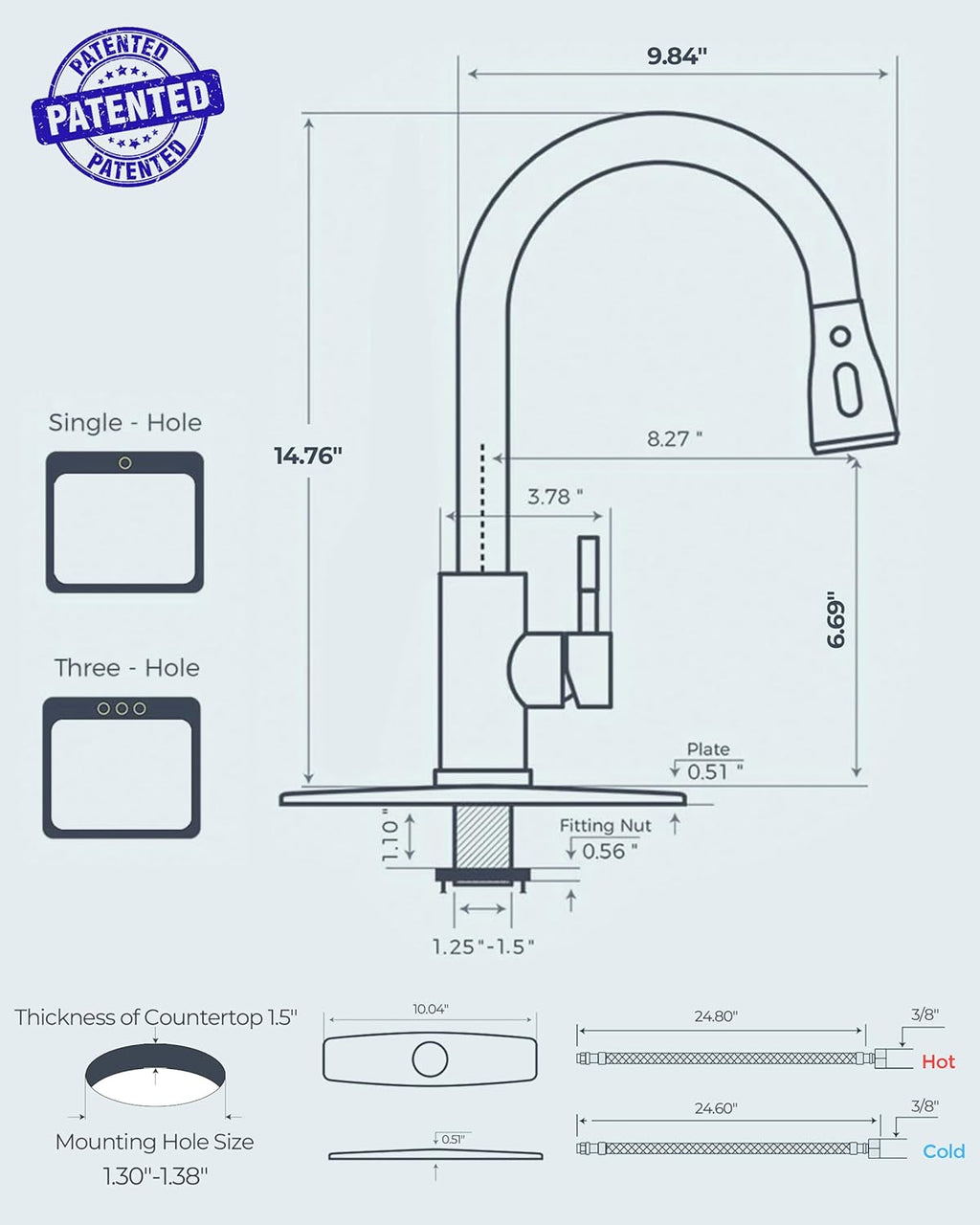 FORIOUS Black Kitchen Faucet with Pull Down Sprayer, High Arc Single Handle Classic Stainless Steel Sink Faucet 1 or 3 Hole, Suitable for Farmhouse Camper Laundry Rv Bar