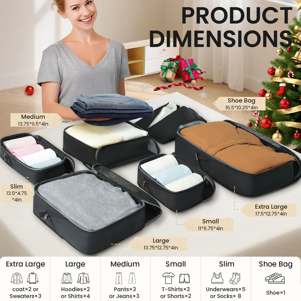 BAGAIL 4 Set/6 Set/8 Set Compression Packing Cubes Travel Accessories Expandable Packing Organizers (Half Mesh, 6-Black)