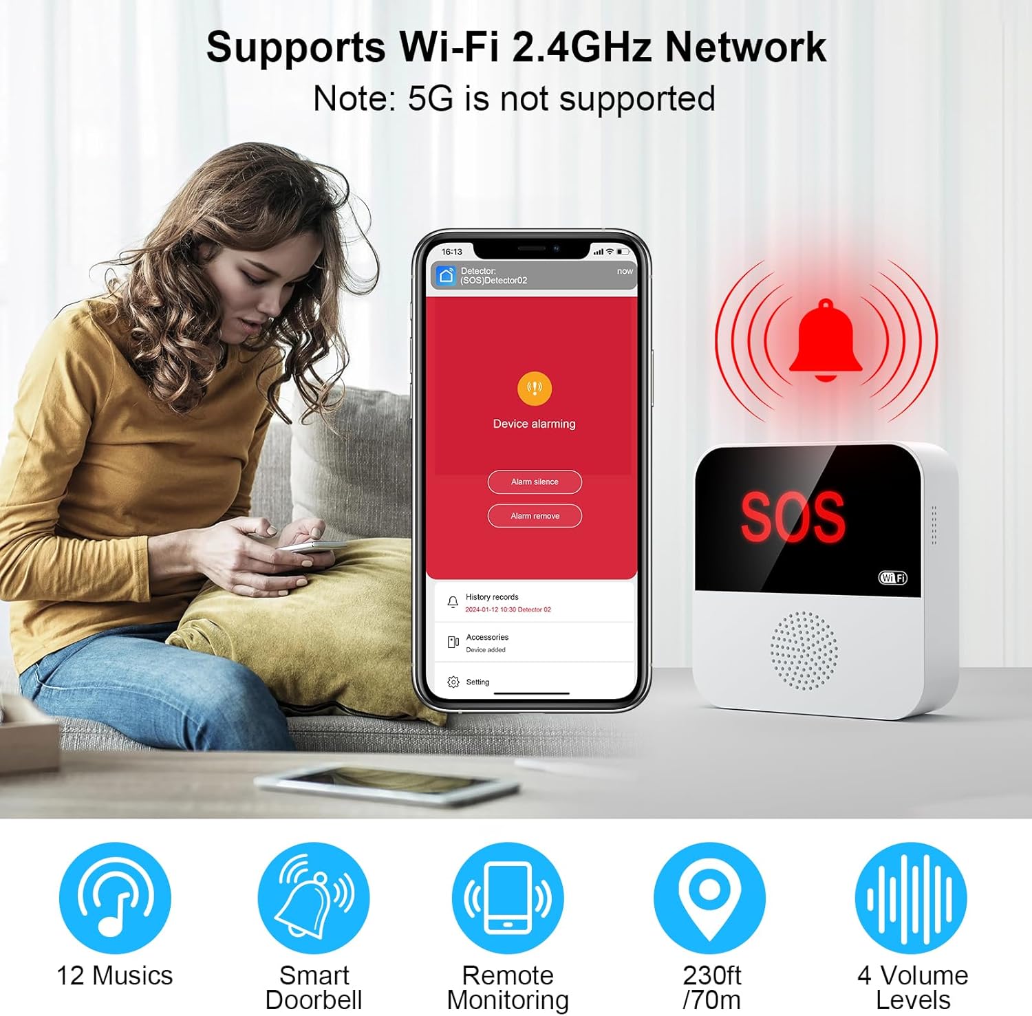 WiFi Pager, Caregiver Pagers Life Alert Systems for Seniors no Monthly Fee, 1 Receiver and 1 SOS Panic Button & 1 Watch Pager, Compatible with Tuya Smart/Smart Life APP