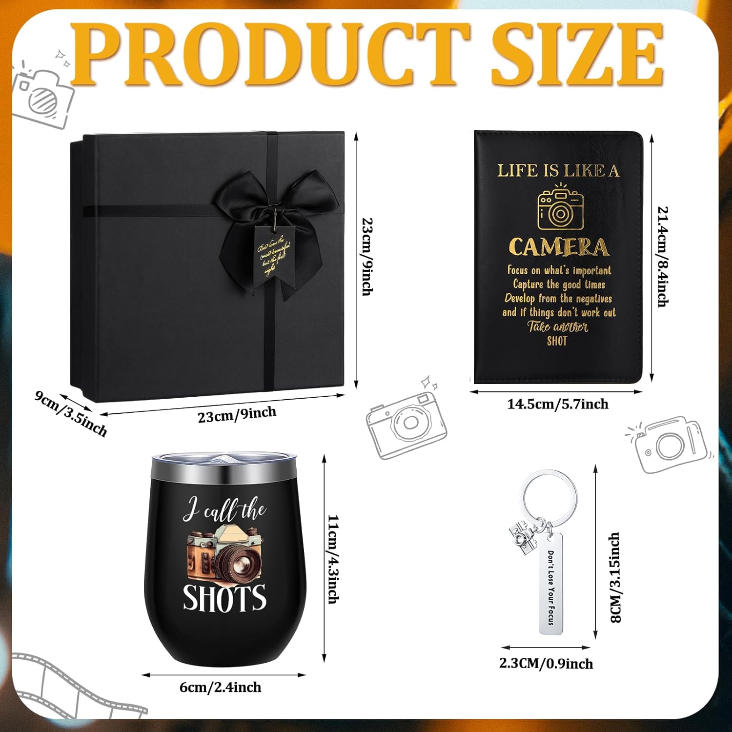 6 Pcs Photographer Gifts for Camera Lovers for Men Women 12 oz Stainless Steel Cup Socks Keychain Pen Notebook Box for Christmas Photography & Travelers Lovers