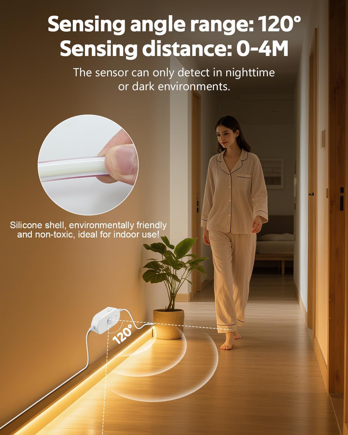 20FT Motion Sensor COB LED Light Strip Warm White 3000K AC 110V 288LEDs/M Waterproof IP68 Adjustable Time-Delay Flexible Motion Activated Led Strip Light Plug In for Stairs Courtyard Under Cabinet
