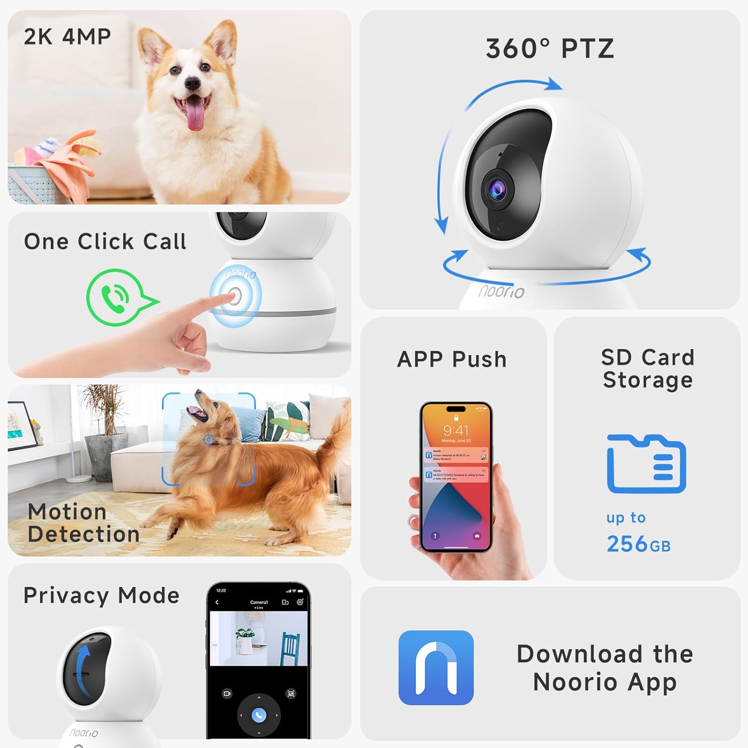 Noorio 2K Security Camera Indoor, Pan/Tilt Pet Camera with Speaker, One Touch Call Baby Monitor Dog Cam, Plug-in 24/7 SD&Cloud Storage, Color Night Vision, 2.4G WiFi, CS201, 2Pcs