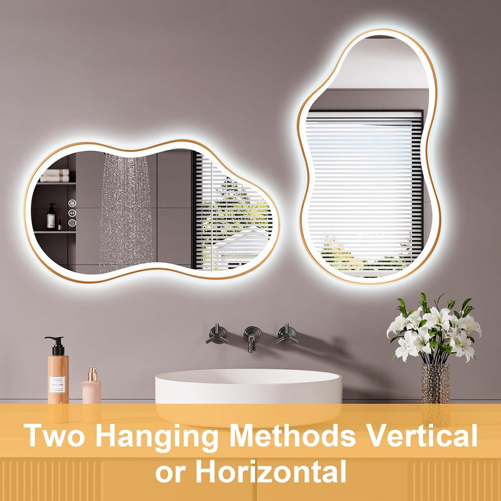 WTTY LED Irregular Bathroom Mirror 26x46 Inch with Front & Back Lights - Asymmetrical Design, Anti-Fog, Dimmable 3 Color Temperatures, Shatterproof Glass, Horizontal or Vertical Mount (Gold Frame)