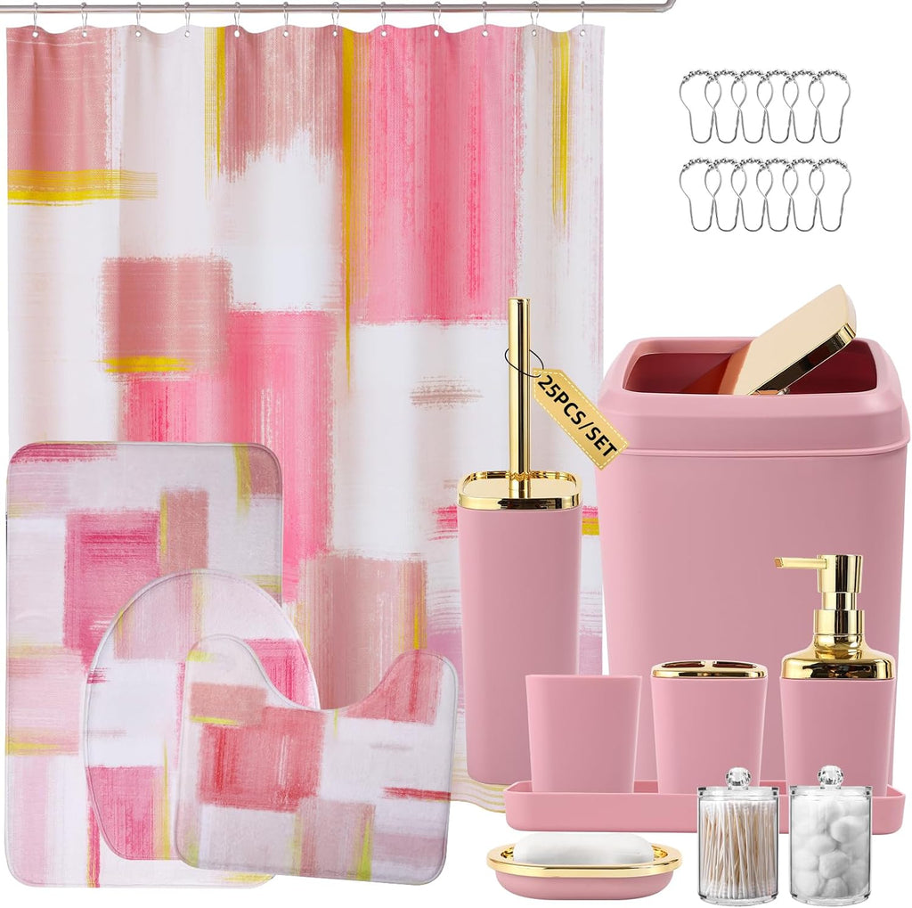 Bathroom Set - Pink and Gold Bathroom Accessories Set, Bathroom Sets with Shower Curtain and Rugs, Pink Shower Curtain Set with Bathroom Trash Can, Soap Dispenser, Soap Dish for Home Decor