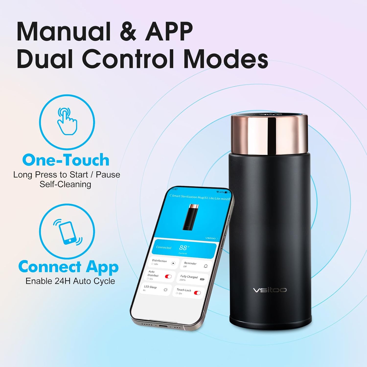 Vsitoo Smart self cleaning Insulated Water Bottle, 8.5oz Stainless Steel Vacuum Flask, AI Self-Clean, 30-Day Battery Life, BPA-Free, Magnetic Charging, Portable Travel Mug Gifts for Men Women, Black