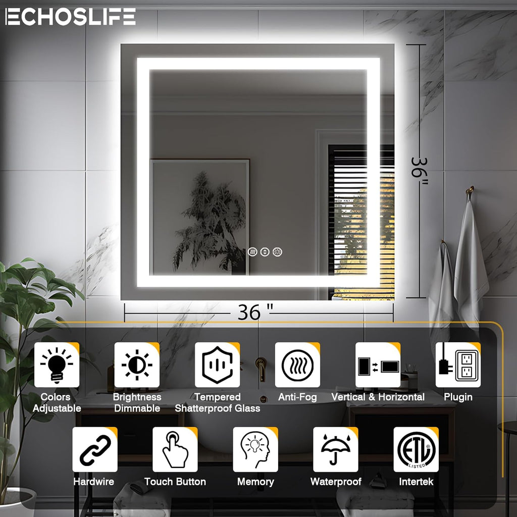 36"x36" Square LED Bathroom Mirror (Front and Backlit), Anti-Fog Vanity Mirror with Lights, Stepless 3 Colors Dimmable Smart Lighted Mirror(Horizontal/Vertical)