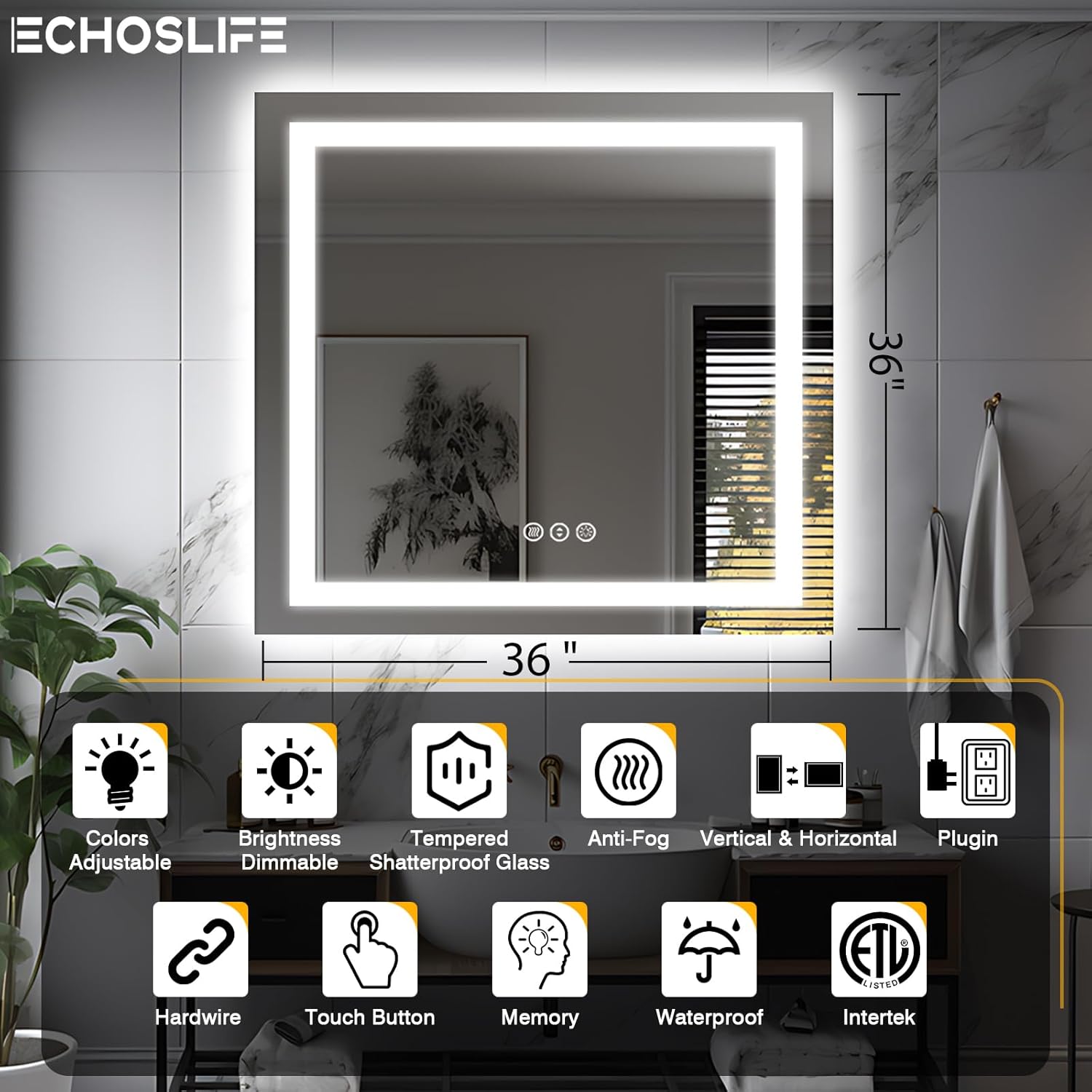 36"x36" Square LED Bathroom Mirror (Front and Backlit), Anti-Fog Vanity Mirror with Lights, Stepless 3 Colors Dimmable Smart Lighted Mirror(Horizontal/Vertical)