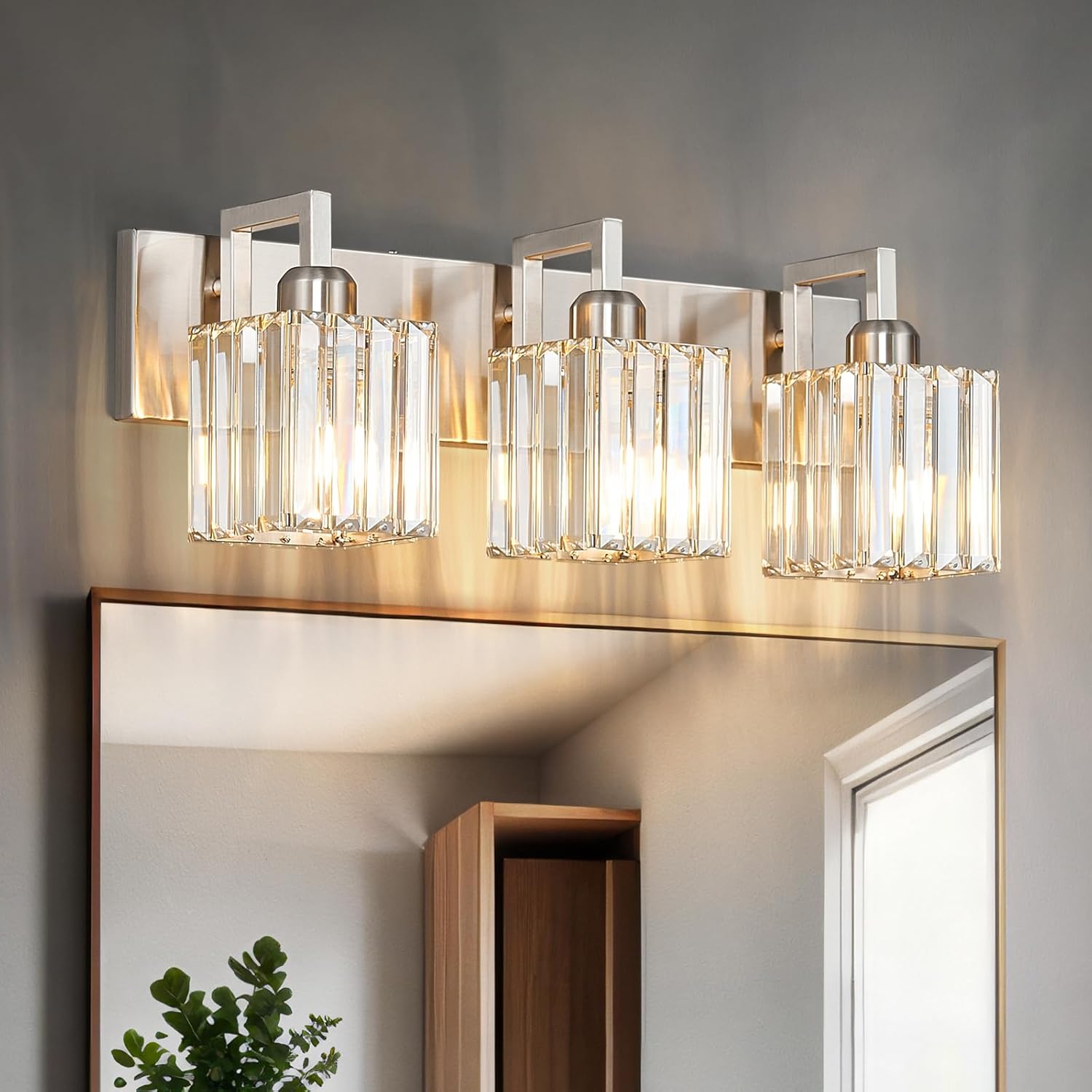 Modern Bathroom Vanity Light 3-Lights Brushed Nickel Vanity Light Crystal Wall Light Bathroom Light Fixtures