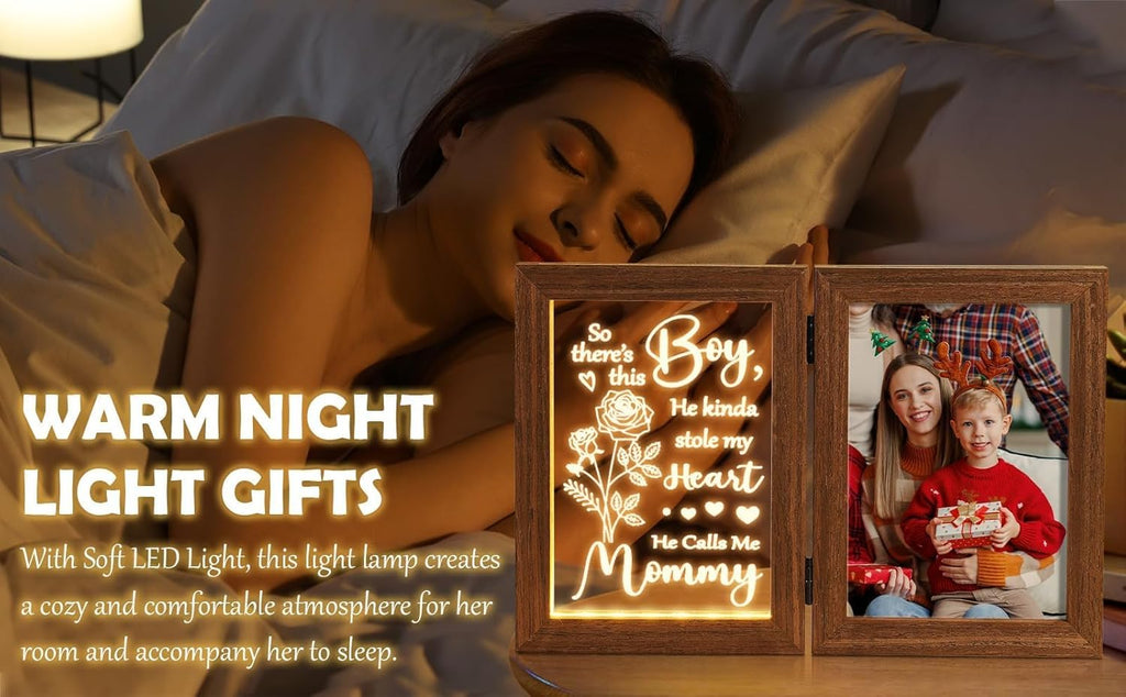 Christmas Gifts for Mom from Daughter Son Kids, Mom Gifts Engraved Night Light with 5x7 Mother Picture Frame Solid Wood, New Mama Gift Mommy Son Picture Frame Mother-in-Law Birthday Gift for Mama