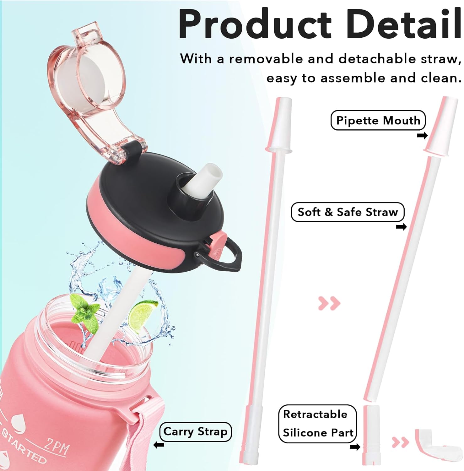 Enerbone Water Bottle, Leakproof BPA & Toxic Free, Motivational Water Bottle with Times to Drink and Straw, Fitness Sports Water Bottle with Strap for Office, Gym, Outdoor Sports