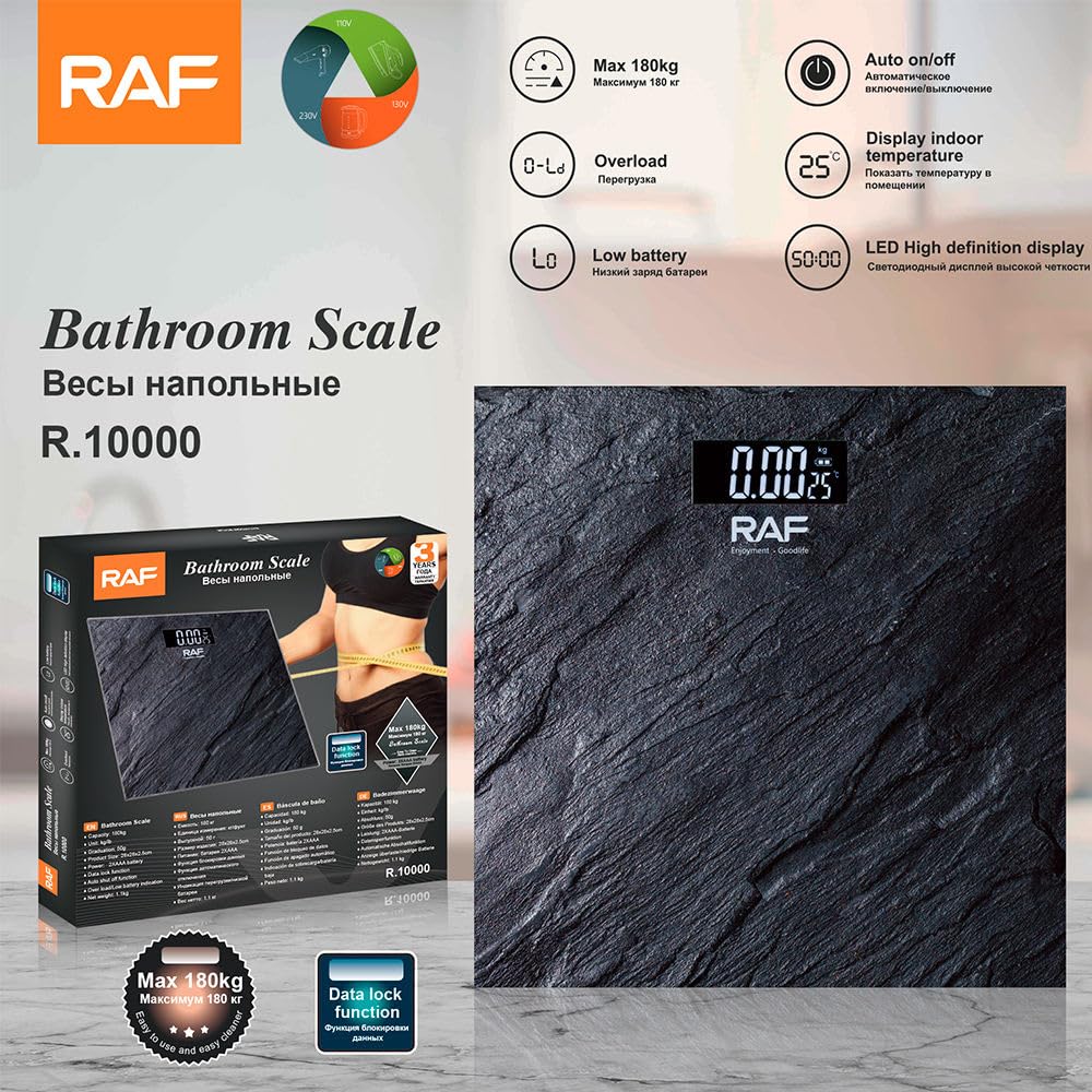 Digital Bathroom Scale with LED Display, Black Marble Pattern, Automatic On/Off Function, 180kg Capacity