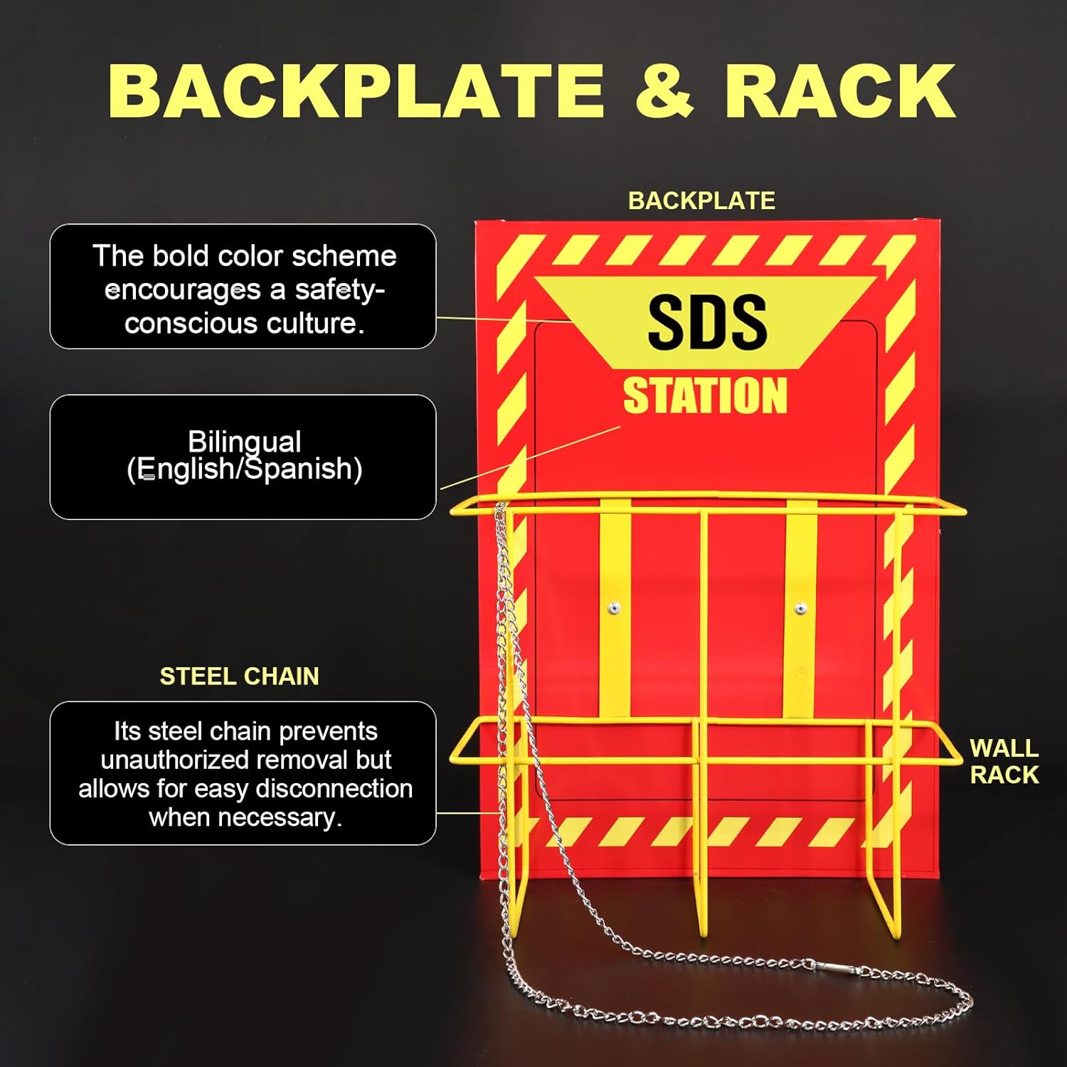 MSDS Yellow Heavy Duty 3 Inch Material Safety Data Sheet 3 Ring Binder with SDS Wire Rack, Display Sign, Chain, Safety Posters, Labels, Wall Mount