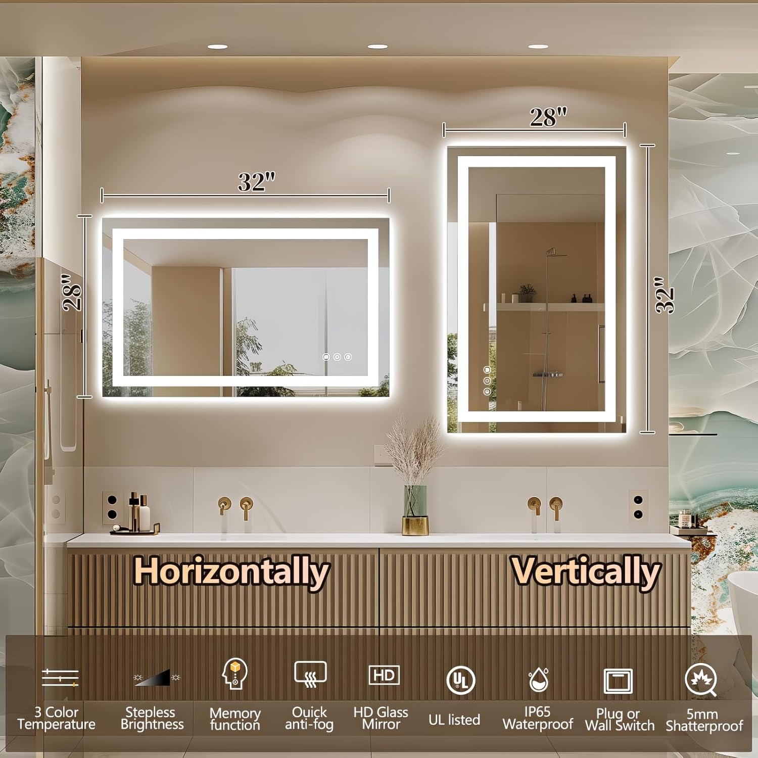 Niccy 32" x 20" LED Bathroom Mirror with Lights, Backlit and Front Lit, Lighted Vanity Mirror for Wall with 3 Colors, Anti-Fog, Shatter-Proof, Memory for Bedroom, Horizontal/Vertical