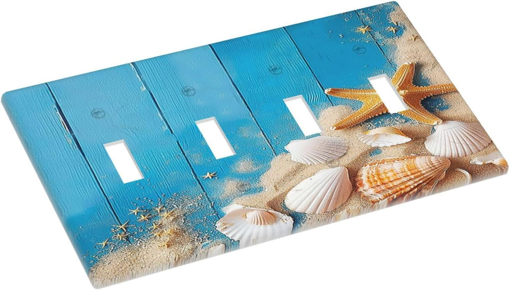 Light Switch Covers Blue Wood Grain Beach Shell Starfish Quad Toggle Electrical Faceplate 4 Gang Wall Plate Decorative Switch Plates for Bathroom Farmhouse Decor