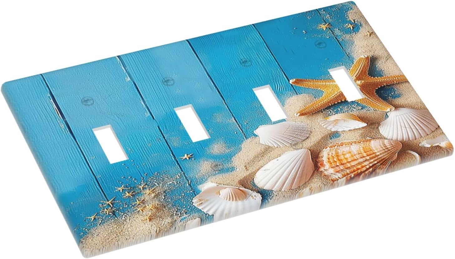 Light Switch Covers Blue Wood Grain Beach Shell Starfish Quad Toggle Electrical Faceplate 4 Gang Wall Plate Decorative Switch Plates for Bathroom Farmhouse Decor